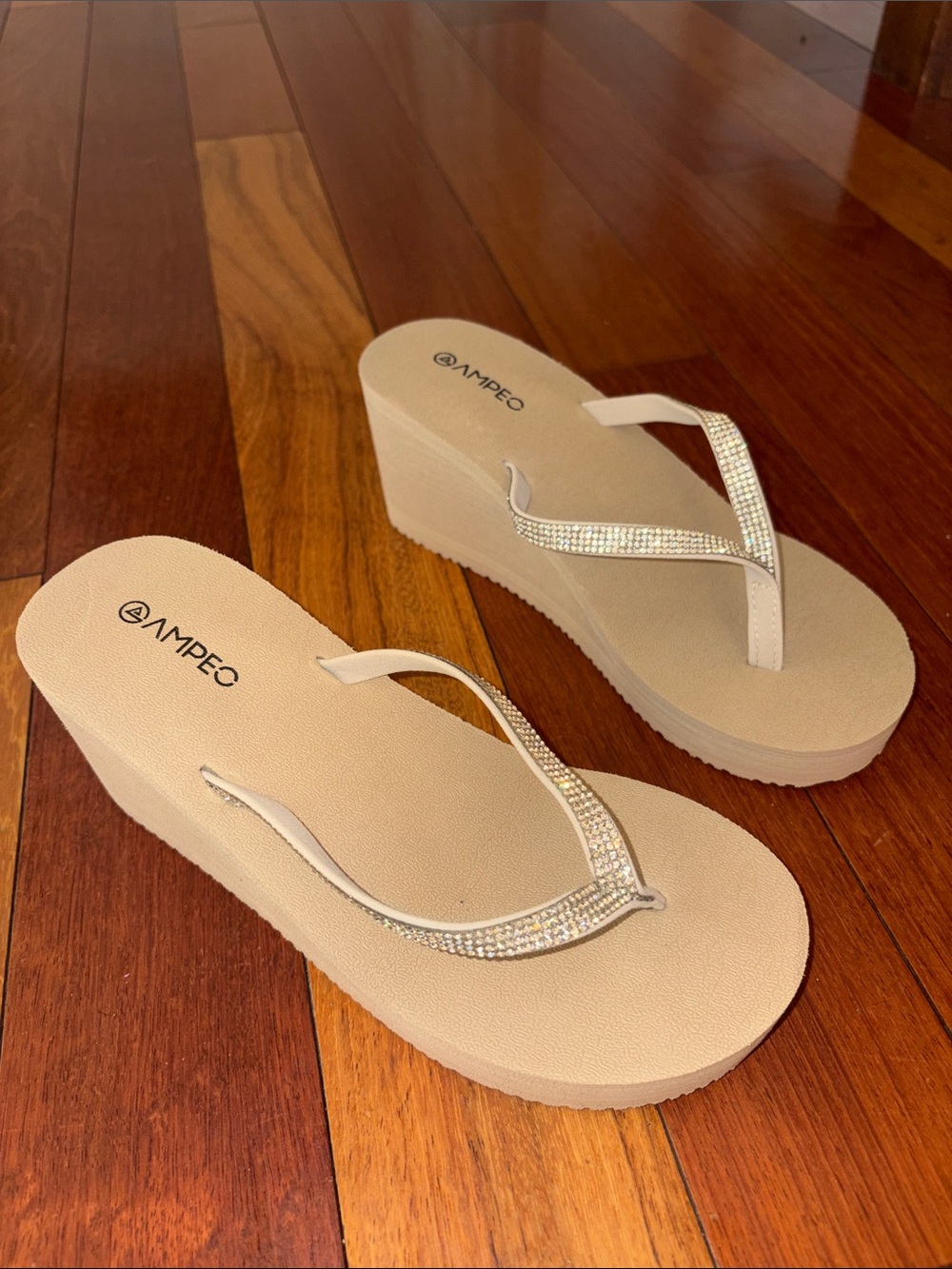 Beige Wedge Flip Flops with Rhinestone Straps